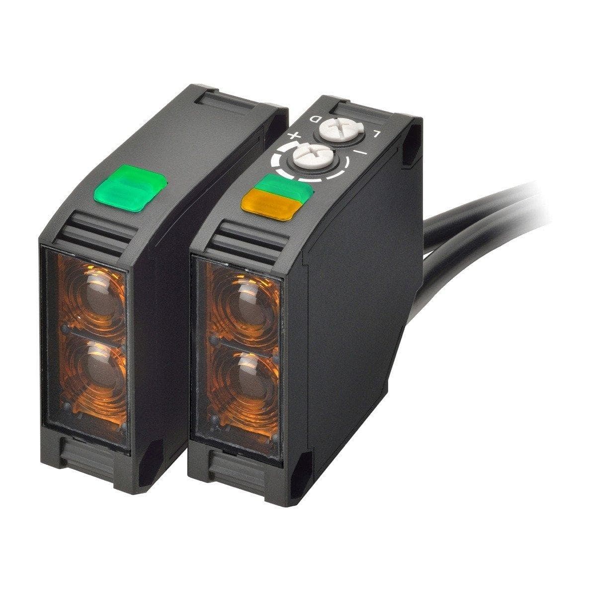 Picture of ["E3JK-TR12 2M, light barrier, square housing, red LED, passing beam, 5 m, AC / DC, relay, L-ON / D-ON, 2 m cable"]