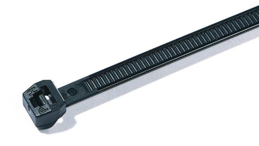 Picture of ["T30ROS-PA66HS- BK (100), external-tailed cable binder 145x3.4x1.2mm, black, 30 lbs, 135N, polyamide 6.6"]