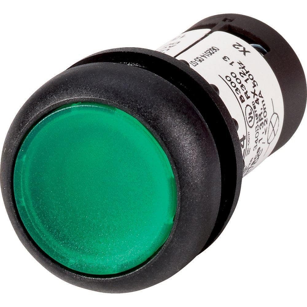 Picture of ["C22S-DL-G-K10-120, light pressure button, flat, pressing, 1 S, screw connection, LED green, green, unlabeled, 120 V AC, frontring black"]