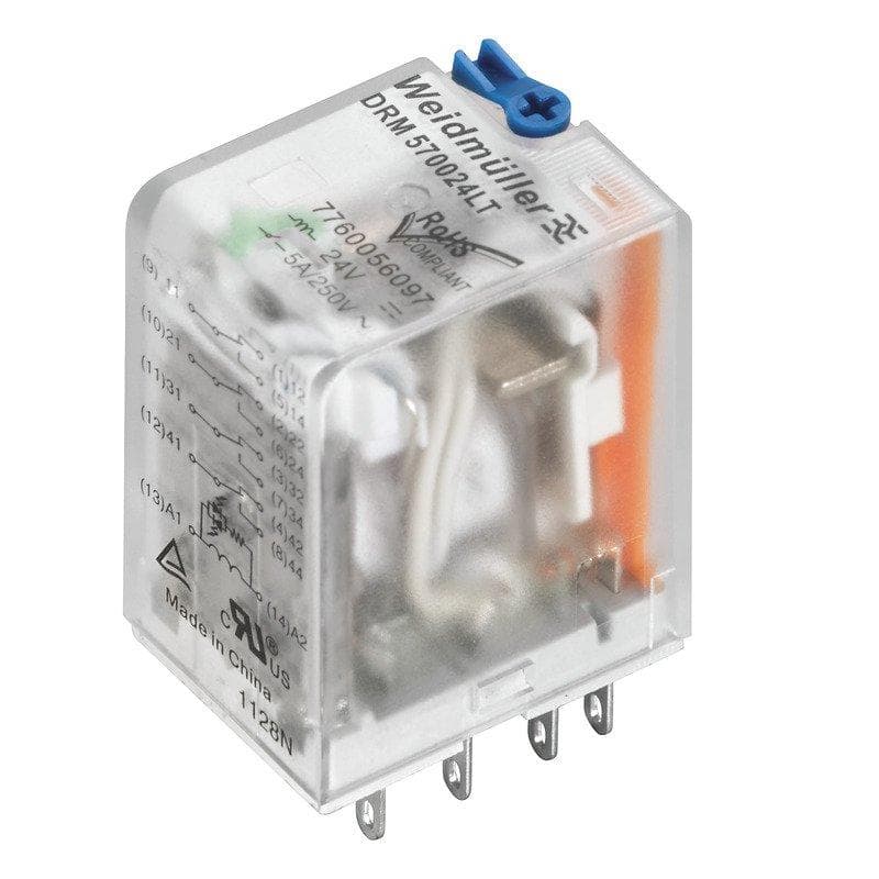 Picture of ["DRM570048LT, miniature industrial elais, 48 V DC, LED green, 4 changers (AgNi skin gilded), 250 V AC, 5 A, test key available: Yes"]