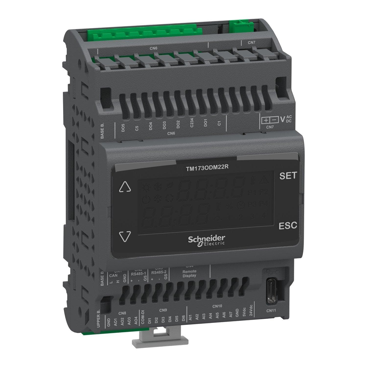 Picture of ["TM173ODM22R, PLC control, Modicon M173, Optimized with display, 22 E / A, 2 RS485, 1 CAN, 24 VAC / DC"]
