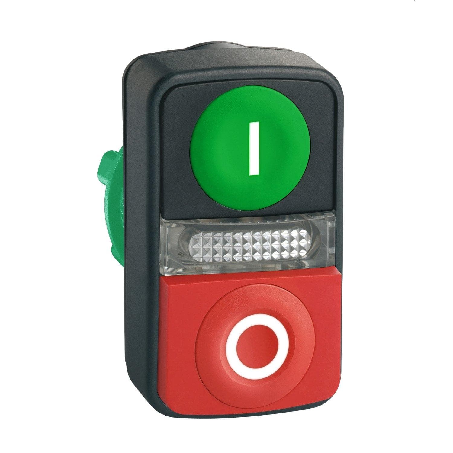 Picture of ["ZB5AW7L3741, double-pressure button, front element, Harmony XB5, plastic, 22mm, green, red above, labeled I / O, illuminated"]