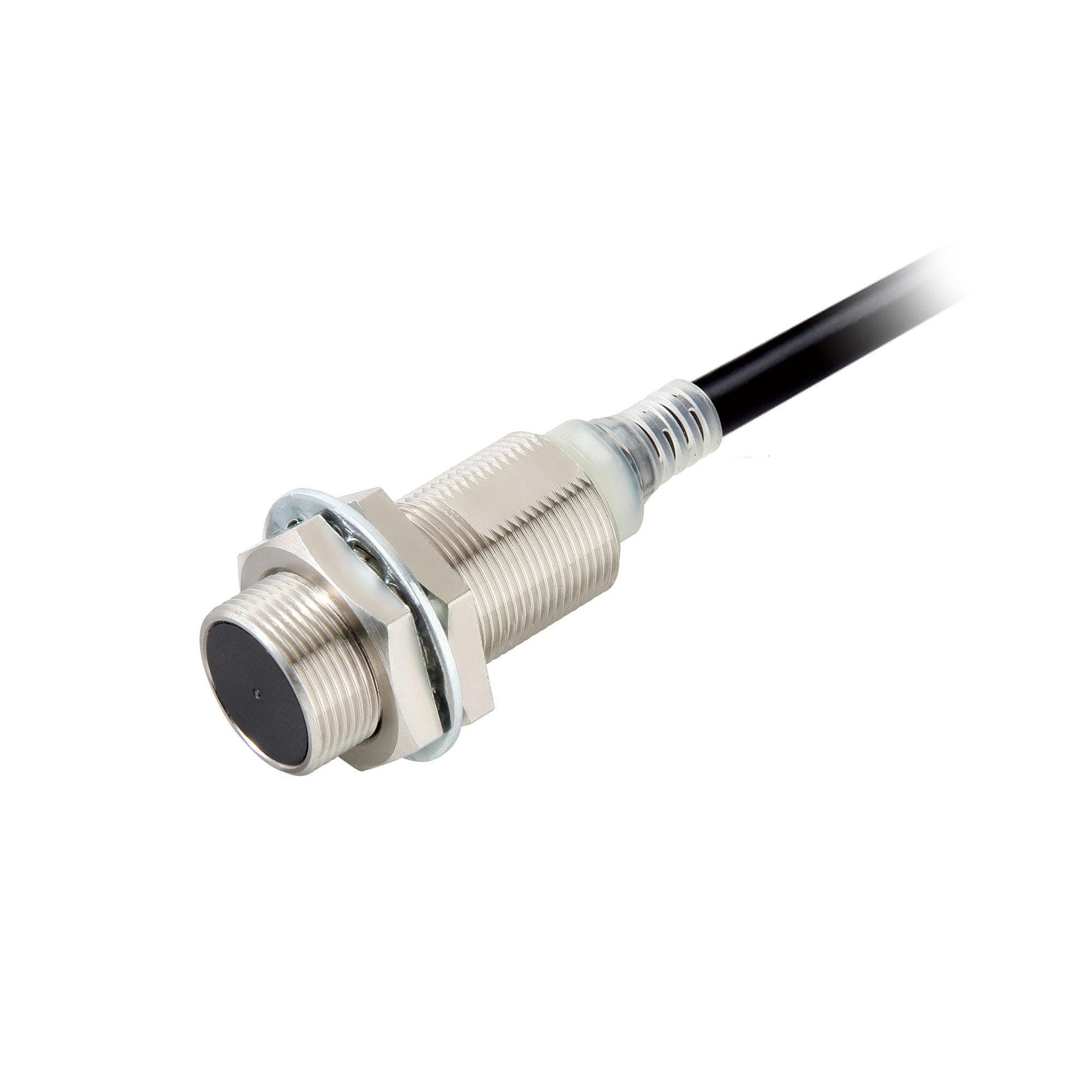 Picture of ["E2E-X8B3D18 2M, sewing switch, inductive, nickel brass, short case, M18, shielded, 8 mm, DC, 3-adrig, PNP-NO + NC, IO-link COM2, prewired with 2-m cable"]