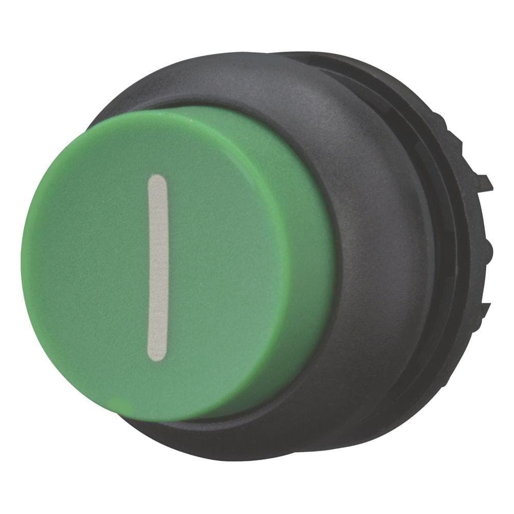 Picture of ["M22S-DH-G-X1, pressure button, RMQ-Titan, high, tagging, green, labeled, frontring black"]