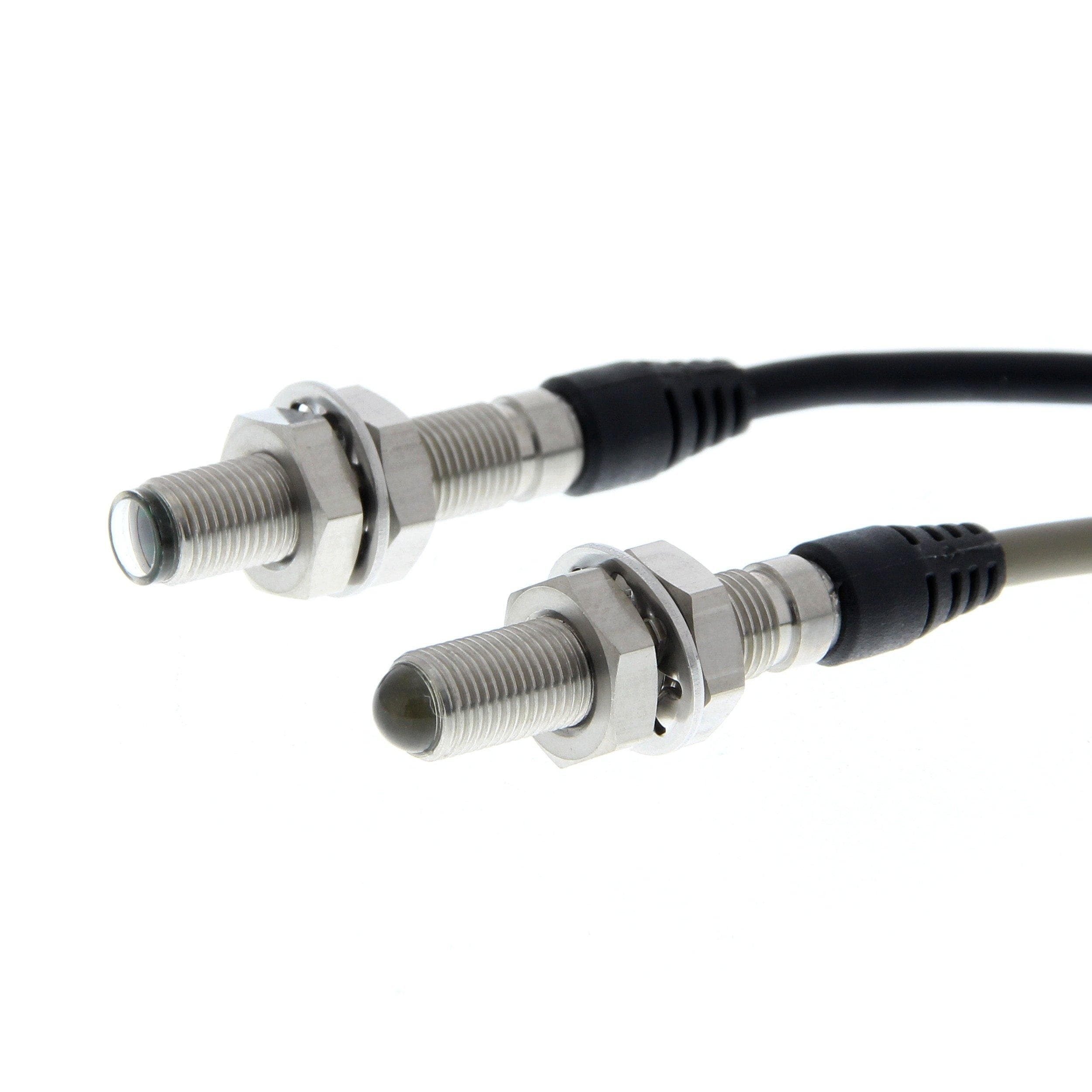 Picture of ["E3T-CT14 2M, photo switch, miniature disposable light barrier, straight glass M5, range 1m, stainless steel housing, red 630nm, 0.5ms, 12 to 24VDC, PNP, DON, 2m cable"]